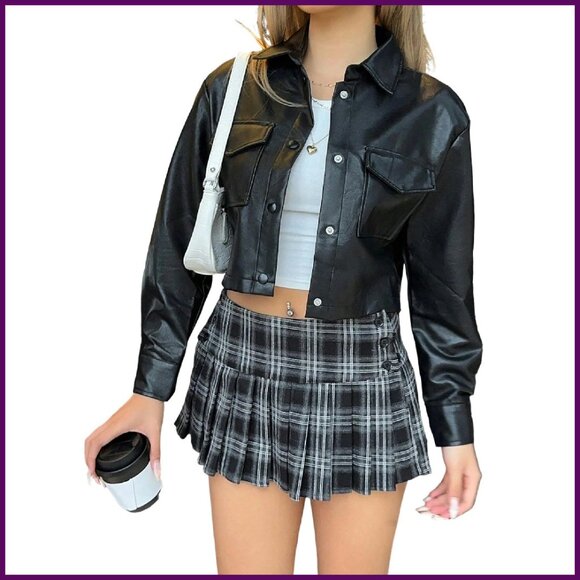 PU Leather Cropped Bomber Jacket Women's Motorcycle Style Button Down
